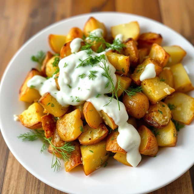A delicious plate of roasted and crispy potato salad topped with a creamy yogurt and dill dressing, the yogurt generously covering the potatoes