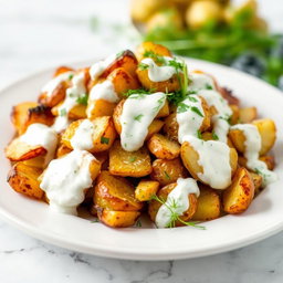 A delicious plate of roasted and crispy potato salad topped with a creamy yogurt and dill dressing, the yogurt generously covering the potatoes
