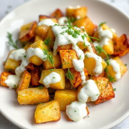 A delicious plate of roasted and crispy potato salad topped with a creamy yogurt and dill dressing, the yogurt generously covering the potatoes