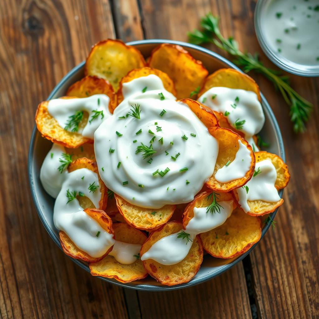 A vibrant and enticing dish featuring crispy golden roasted potato chips topped with a creamy yogurt dressing and fresh dill