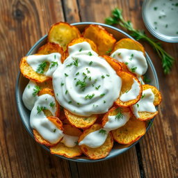 A vibrant and enticing dish featuring crispy golden roasted potato chips topped with a creamy yogurt dressing and fresh dill