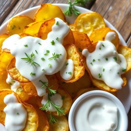 A vibrant and enticing dish featuring crispy golden roasted potato chips topped with a creamy yogurt dressing and fresh dill