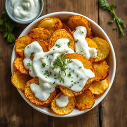 A vibrant and enticing dish featuring crispy golden roasted potato chips topped with a creamy yogurt dressing and fresh dill