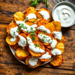 A vibrant and enticing dish featuring crispy golden roasted potato chips topped with a creamy yogurt dressing and fresh dill