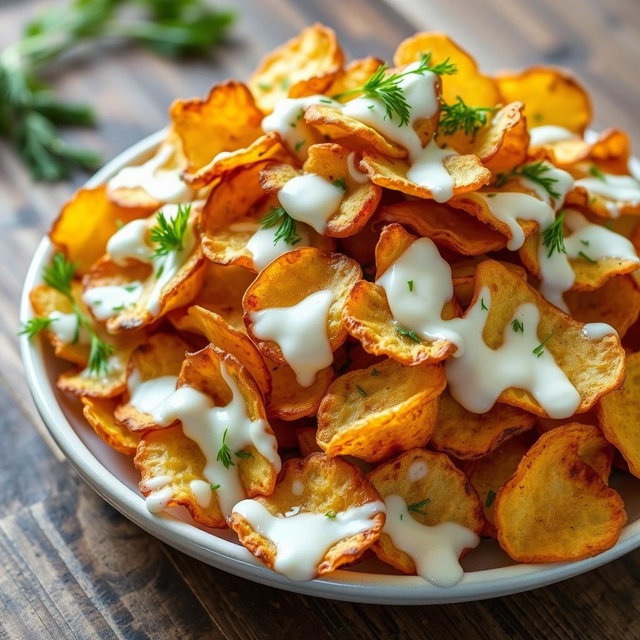 A vibrant and appetizing image of a roasted potato chip salad, where the crispy potato chips are piled high and generously coated with creamy yogurt dressing