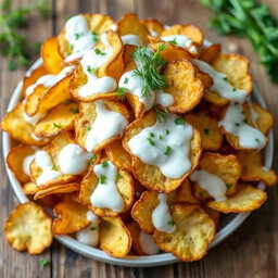 A vibrant and appetizing image of a roasted potato chip salad, where the crispy potato chips are piled high and generously coated with creamy yogurt dressing