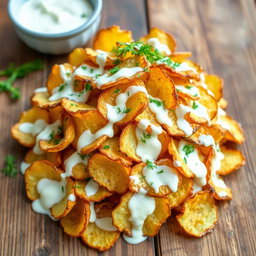 A vibrant and appetizing image of a roasted potato chip salad, where the crispy potato chips are piled high and generously coated with creamy yogurt dressing