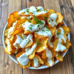 A vibrant and appetizing image of a roasted potato chip salad, where the crispy potato chips are piled high and generously coated with creamy yogurt dressing