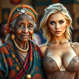 A realistic image showcasing an elderly African woman with unique, weathered traits, dressed in a colorful traditional outfit that reflects her rich heritage