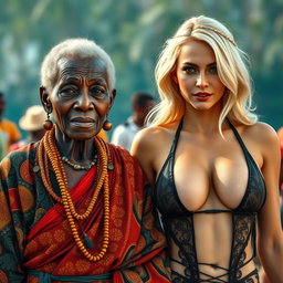 A realistic image showcasing an elderly African woman with unique, weathered traits, dressed in a colorful traditional outfit that reflects her rich heritage