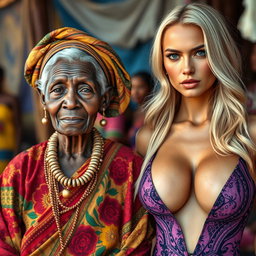 A realistic image showcasing an elderly African woman with unique, weathered traits, dressed in a colorful traditional outfit that reflects her rich heritage