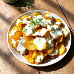 A delicious plate of roasted potato chip salad with a creamy yogurt and dill dressing