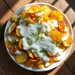 A delicious plate of roasted potato chip salad with a creamy yogurt and dill dressing