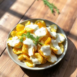 A delicious plate of roasted potato chip salad with a creamy yogurt and dill dressing