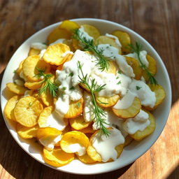 A delicious plate of roasted potato chip salad with a creamy yogurt and dill dressing