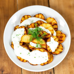 A beautifully plated dish featuring grilled, crispy potato chips completely covered with a creamy yogurt dressing
