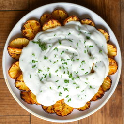 A beautifully plated dish featuring grilled, crispy potato chips completely covered with a creamy yogurt dressing