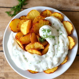 A beautifully plated dish featuring grilled, crispy potato chips completely covered with a creamy yogurt dressing