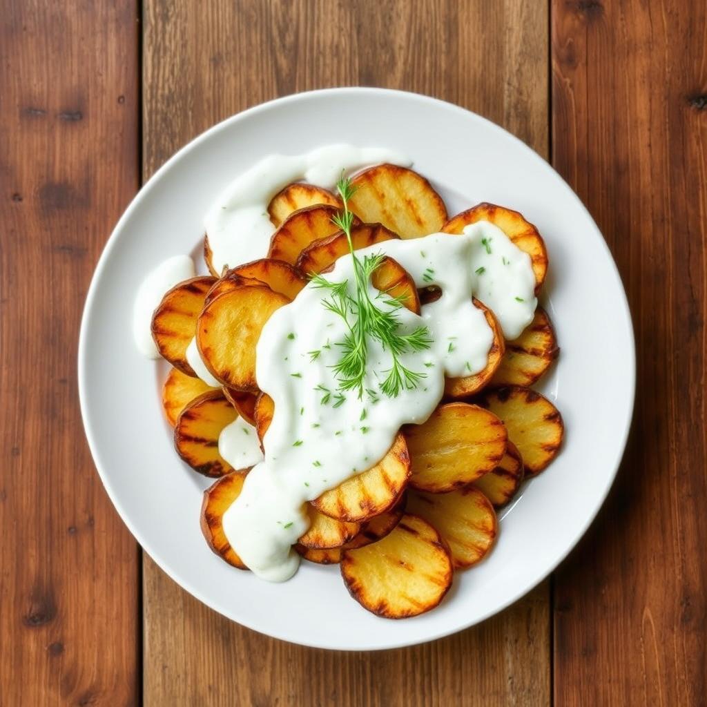 A beautifully plated dish featuring grilled, crispy potato chips completely covered with a creamy yogurt dressing