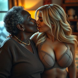 A realistic and intimate scene depicting an elderly African woman with distinct features sharing a tender kiss with a stunning blonde woman who has extraordinarily large breasts, accentuated by a stylish bra that showcases her ample cleavage