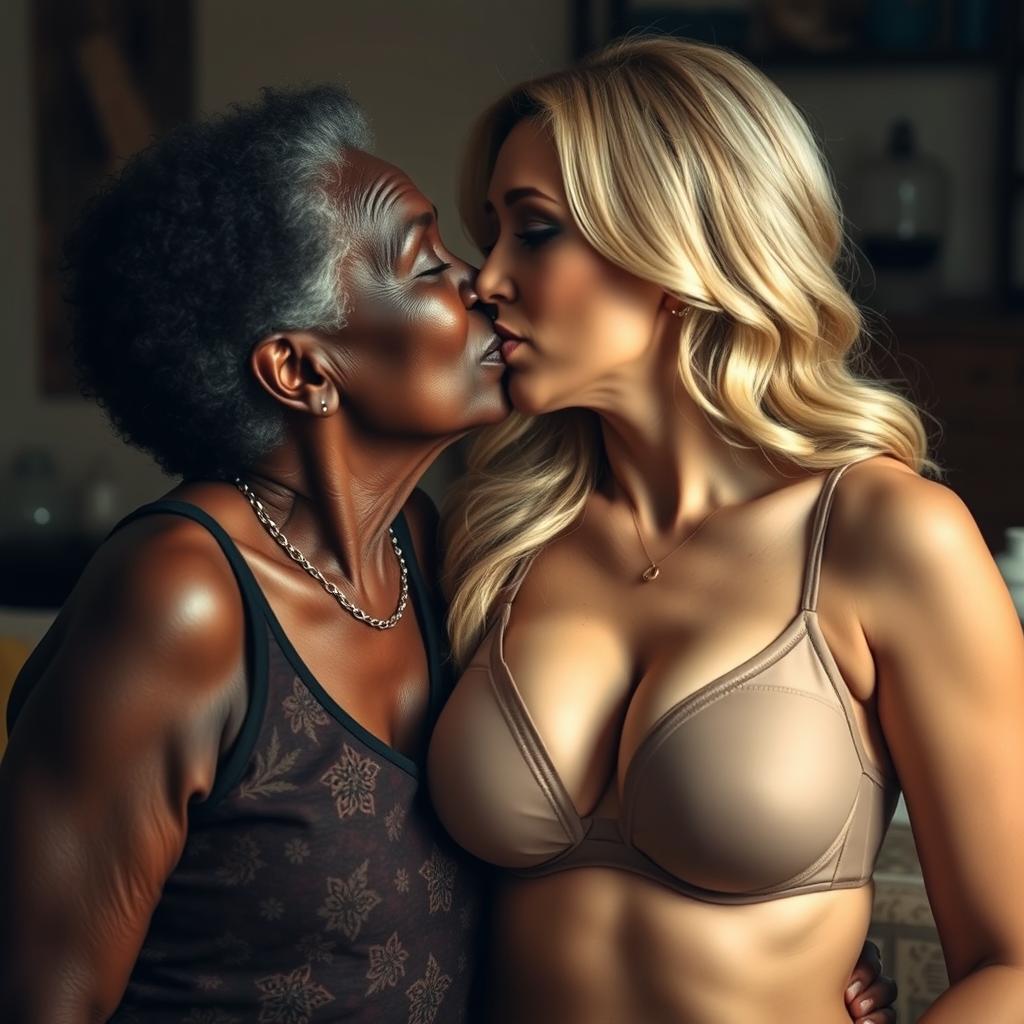 A realistic and intimate scene depicting an elderly African woman with distinct features sharing a tender kiss with a stunning blonde woman who has extraordinarily large breasts, accentuated by a stylish bra that showcases her ample cleavage