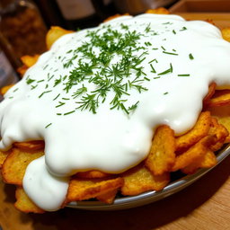 A delicious looking dish of roasted and fried potato chips completely covered in yogurt, with a generous sprinkle of fresh dill on top