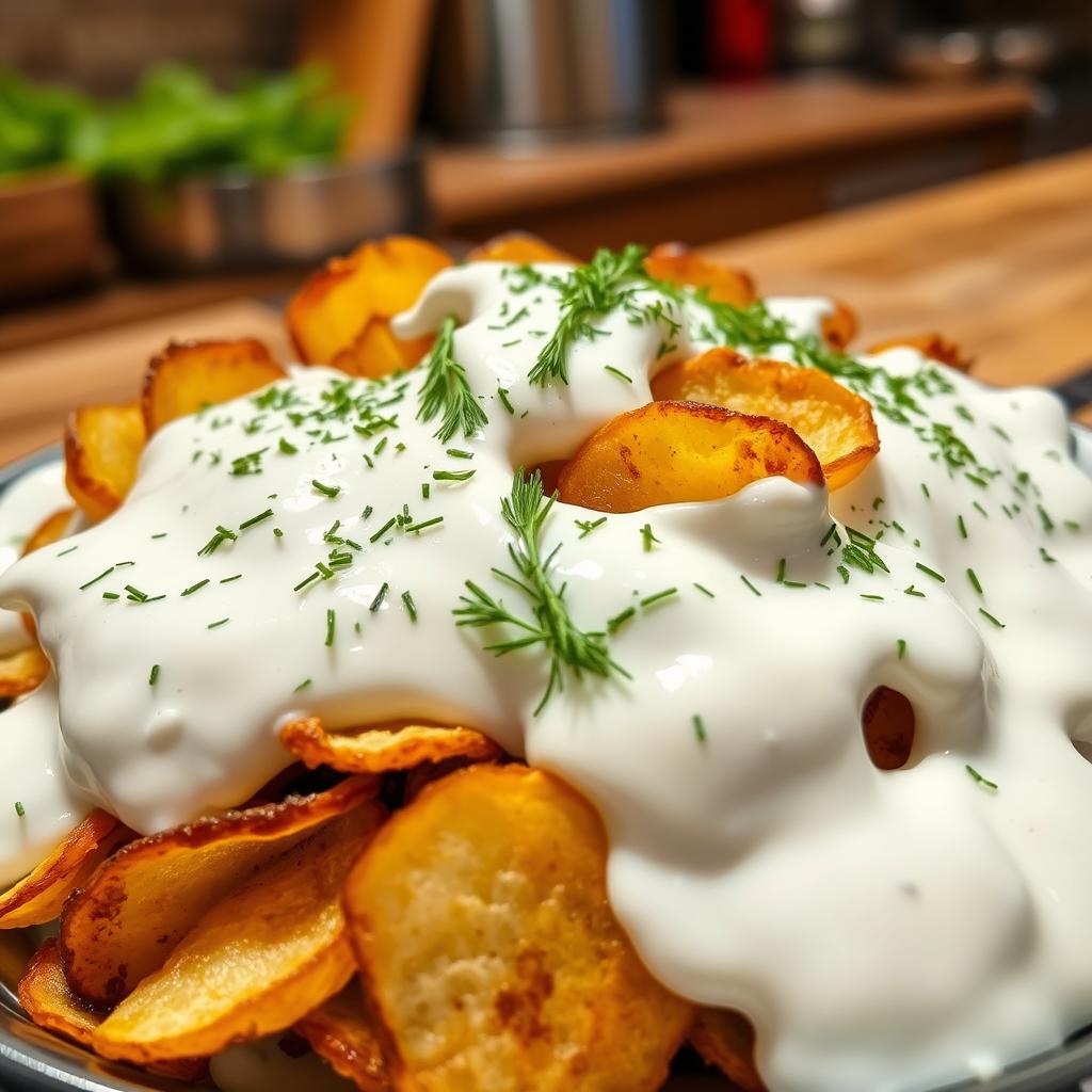 A delicious looking dish of roasted and fried potato chips completely covered in yogurt, with a generous sprinkle of fresh dill on top