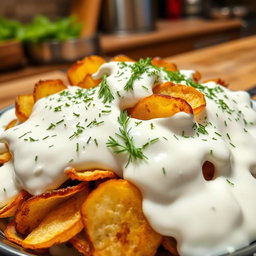 A delicious looking dish of roasted and fried potato chips completely covered in yogurt, with a generous sprinkle of fresh dill on top