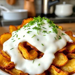 A delicious looking dish of roasted and fried potato chips completely covered in yogurt, with a generous sprinkle of fresh dill on top