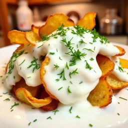 A delicious looking dish of roasted and fried potato chips completely covered in yogurt, with a generous sprinkle of fresh dill on top