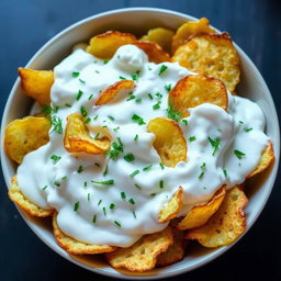 A delicious potato chip salad featuring perfectly roasted and fried potato chips, completely covered in creamy yogurt