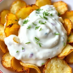 A delicious potato chip salad featuring perfectly roasted and fried potato chips, completely covered in creamy yogurt