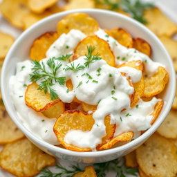 A delicious potato chip salad featuring perfectly roasted and fried potato chips, completely covered in creamy yogurt
