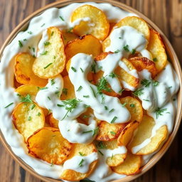 A delicious potato chip salad featuring perfectly roasted and fried potato chips, completely covered in creamy yogurt