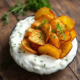 A delicious dish featuring crispy roasted potato chips completely covered in yogurt with dill, creating a creamy layer that hides the potato chips underneath