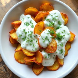 A delicious dish featuring crispy roasted potato chips completely covered in yogurt with dill, creating a creamy layer that hides the potato chips underneath