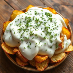A delicious dish featuring crispy roasted potato chips completely covered in yogurt with dill, creating a creamy layer that hides the potato chips underneath