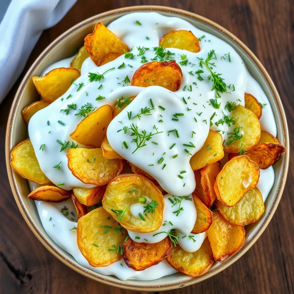 A delicious dish featuring crispy roasted potato chips completely covered in yogurt with dill, creating a creamy layer that hides the potato chips underneath