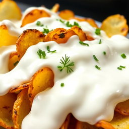 A delicious and vibrant dish of potato chips that are grilled, fried, and cooked, fully covered in creamy yogurt