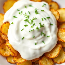 A delicious and vibrant dish of potato chips that are grilled, fried, and cooked, fully covered in creamy yogurt