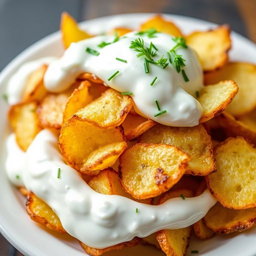 A delicious and vibrant dish of potato chips that are grilled, fried, and cooked, fully covered in creamy yogurt