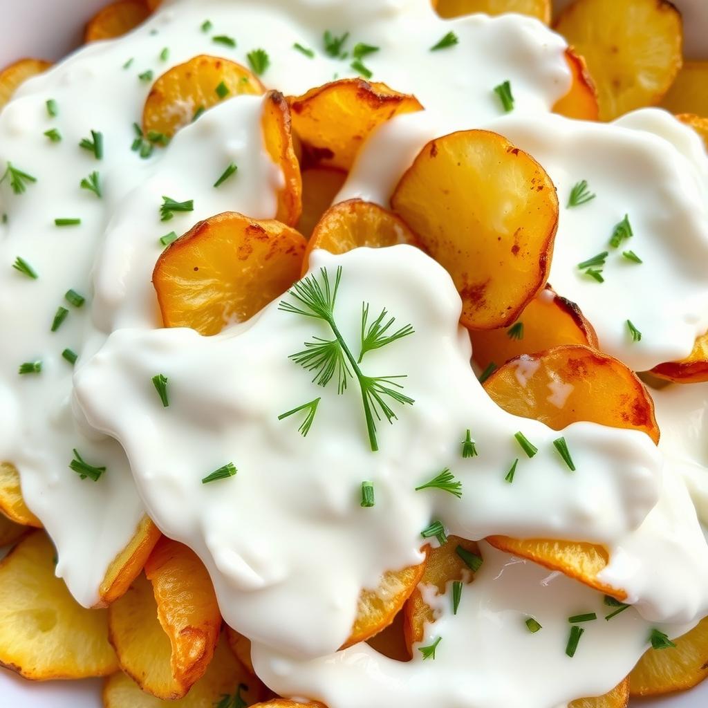 A delicious and vibrant dish of potato chips that are grilled, fried, and cooked, fully covered in creamy yogurt