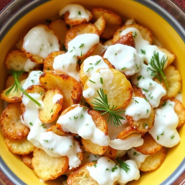 A delicious crispy potato salad featuring perfectly roasted and fried potato chips mixed with creamy yogurt and fresh dill