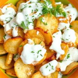 A delicious crispy potato salad featuring perfectly roasted and fried potato chips mixed with creamy yogurt and fresh dill