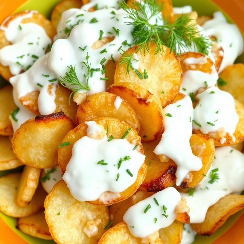 A delicious crispy potato salad featuring perfectly roasted and fried potato chips mixed with creamy yogurt and fresh dill