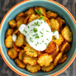 A delicious crispy potato salad featuring perfectly roasted and fried potato chips mixed with creamy yogurt and fresh dill