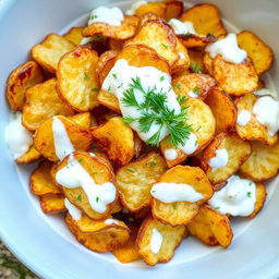 A delicious crispy potato salad featuring perfectly roasted and fried potato chips mixed with creamy yogurt and fresh dill
