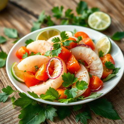 A vibrant and visually appealing plate of white pomelo salad, beautifully arranged with slices of ripe pomelo, cherry tomatoes, thinly sliced red onion, fresh cilantro leaves, and drizzled with a light citrus vinaigrette