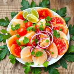 A vibrant and visually appealing plate of white pomelo salad, beautifully arranged with slices of ripe pomelo, cherry tomatoes, thinly sliced red onion, fresh cilantro leaves, and drizzled with a light citrus vinaigrette