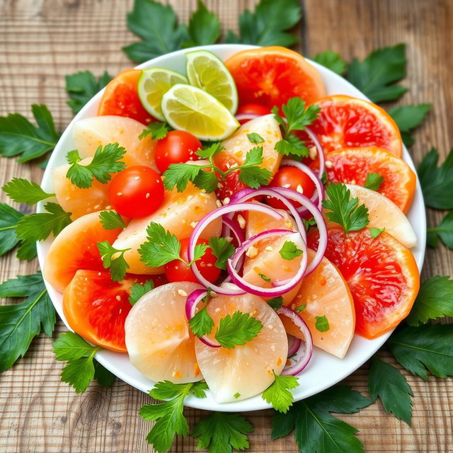 A vibrant and visually appealing plate of white pomelo salad, beautifully arranged with slices of ripe pomelo, cherry tomatoes, thinly sliced red onion, fresh cilantro leaves, and drizzled with a light citrus vinaigrette